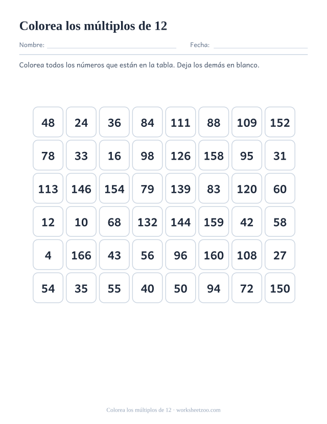 Cuadrícula de cuarenta y ocho números en ocho columnas, de los que doce son múltiplos de 12 y hay que colorear.