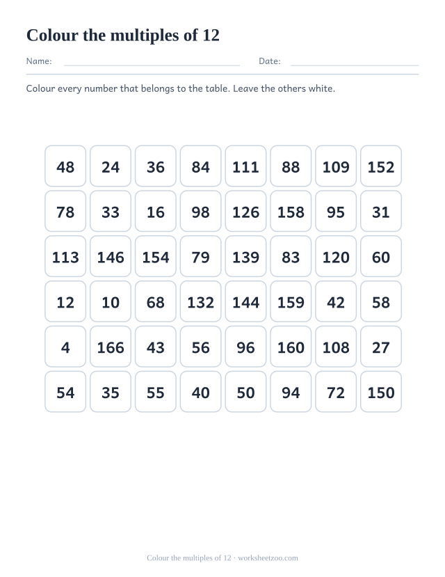 Grid of forty-eight numbers in eight columns, twelve of which are multiples of 12 to be coloured in.
