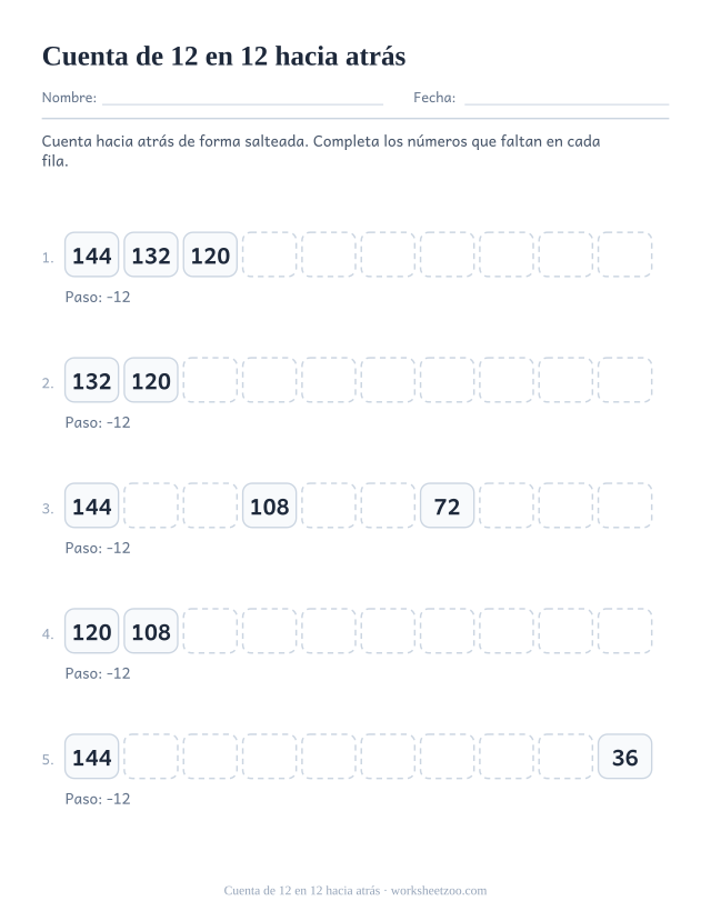 Cinco filas de diez casillas que bajan de 12 en 12 desde lo más alto de la tabla, con casi todas vacías.