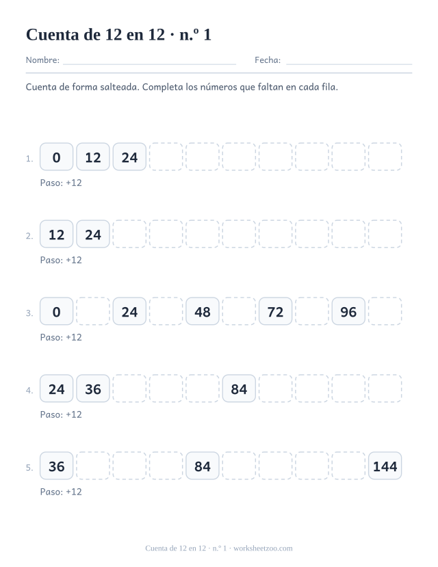 Cinco filas de diez casillas que cuentan de 12 en 12, con las primeras casillas rellenas y el resto vacías.