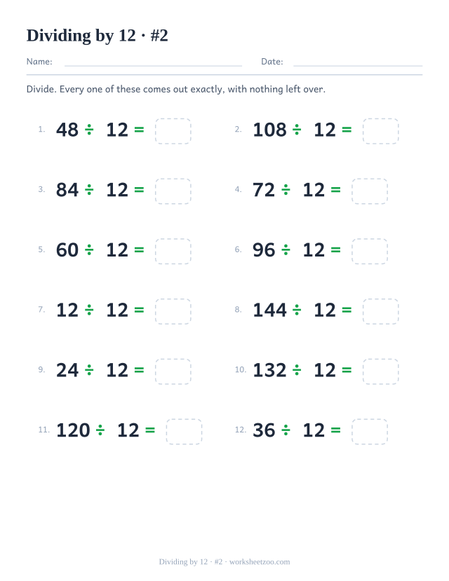 Twelve division equations, each a multiple of 12 divided by 12, ending in an empty answer box (set 2).