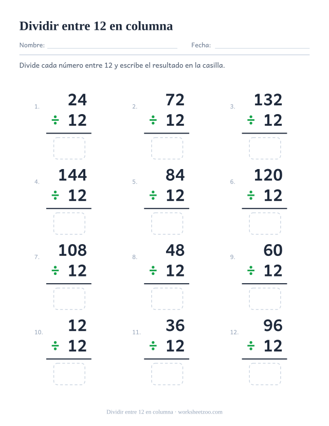 Doce divisiones en vertical en una cuadrícula de tres por cuatro, con un múltiplo de 12 sobre 12 y una casilla bajo la raya.