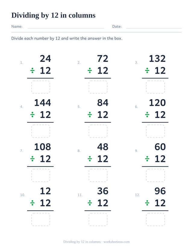 Twelve vertical divisions in a three by four grid, each a multiple of 12 over 12, with an answer box under the rule.
