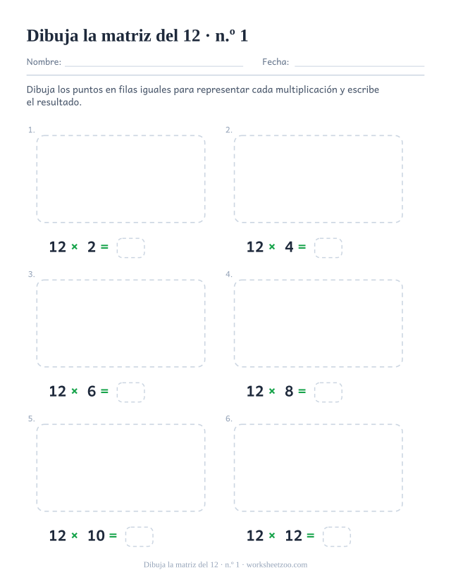 Seis recuadros punteados vacíos, cada uno con una multiplicación del 12 y una casilla, listos para dibujar los puntos (juego 1).