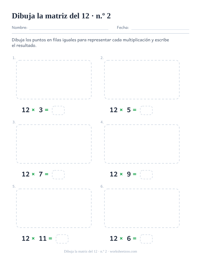 Seis recuadros punteados vacíos, cada uno con una multiplicación del 12 y una casilla, listos para dibujar los puntos (juego 2).