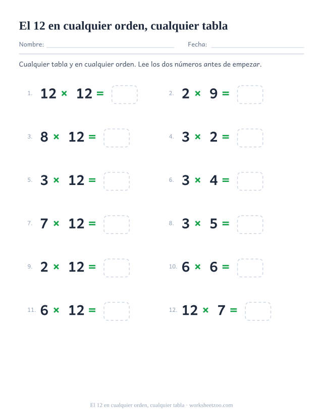 Doce operaciones de tablas mezcladas, entre ellas la del 12, con los factores en cualquier orden, numeradas en dos columnas y con casilla vacía.