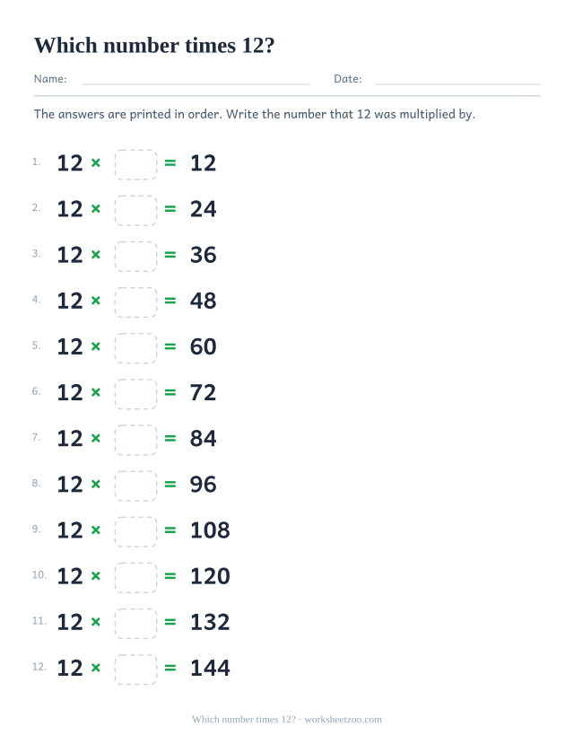 Twelve rows reading 12 x box = printed product, in order from 12 to 144.