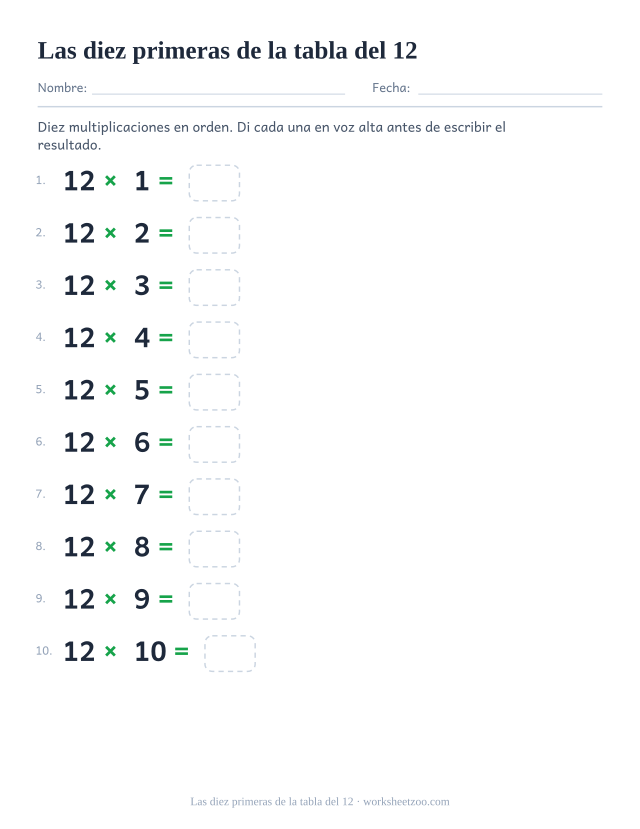 Diez operaciones numeradas de 12 x 1 a 12 x 10 muy separadas, cada una con su casilla.