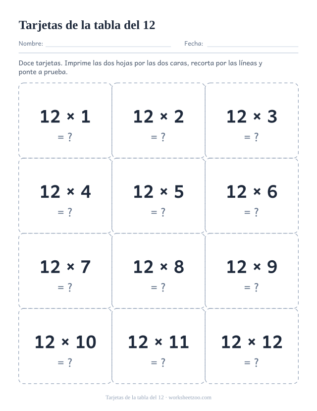 Doce tarjetas punteadas para recortar, tres de ancho y cuatro de alto, cada una con una multiplicación del 12 y un signo de interrogación.