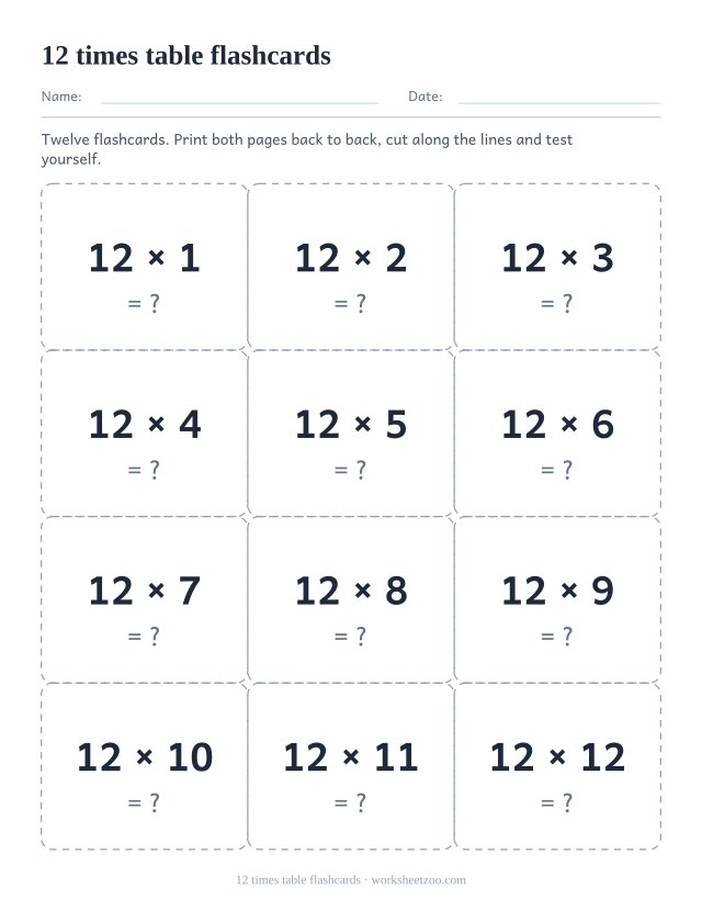 Twelve dashed cut-out cards, three across and four down, each showing one fact of the 12 times table with a question mark.