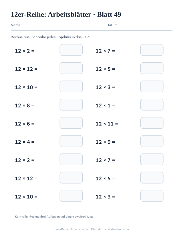 Vorschau: 12er-Reihe: Arbeitsblätter, druckbares Arbeitsblatt 49
