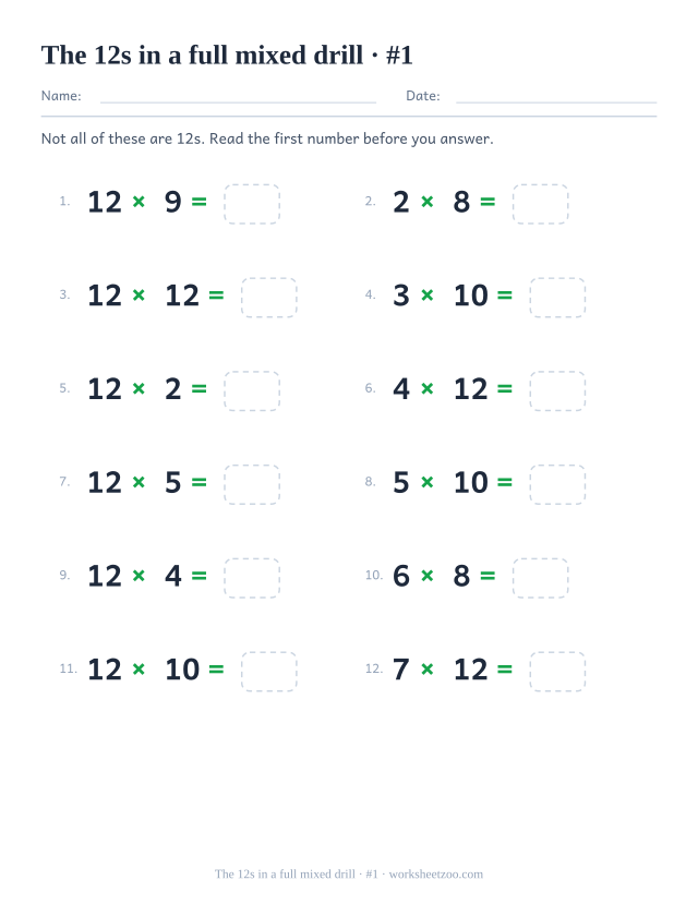Twelve equations drawn from every table between 2 and 12, half of them 12 times something, all with empty boxes.