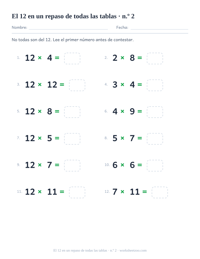 Una segunda hoja de doce operaciones de tablas mezcladas con la del 12, numeradas en dos columnas.