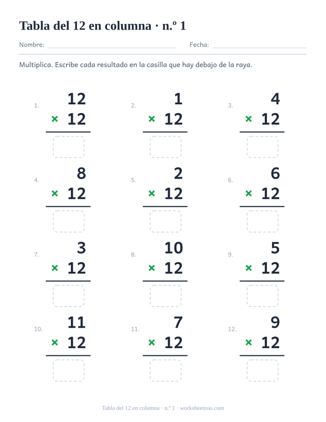 Doce multiplicaciones en vertical con el 12 como factor de abajo, una raya y una casilla vacía debajo (juego 1).