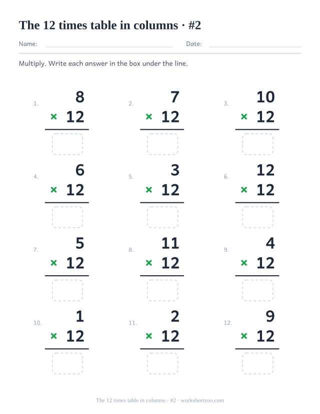 Twelve vertical multiplications with 12 as the lower factor, a rule under each and an empty answer box below (set 2).