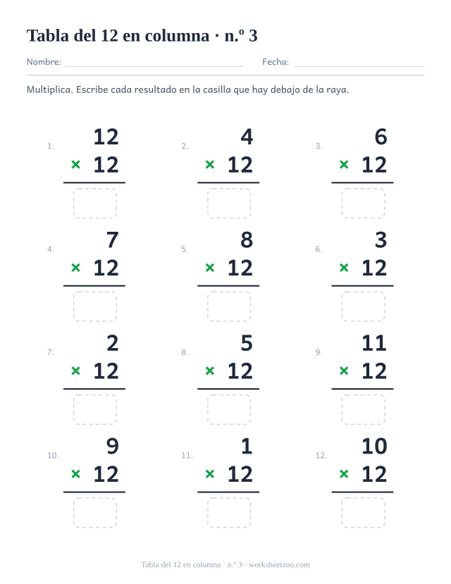Doce multiplicaciones en vertical con el 12 como factor de abajo, una raya y una casilla vacía debajo (juego 3).