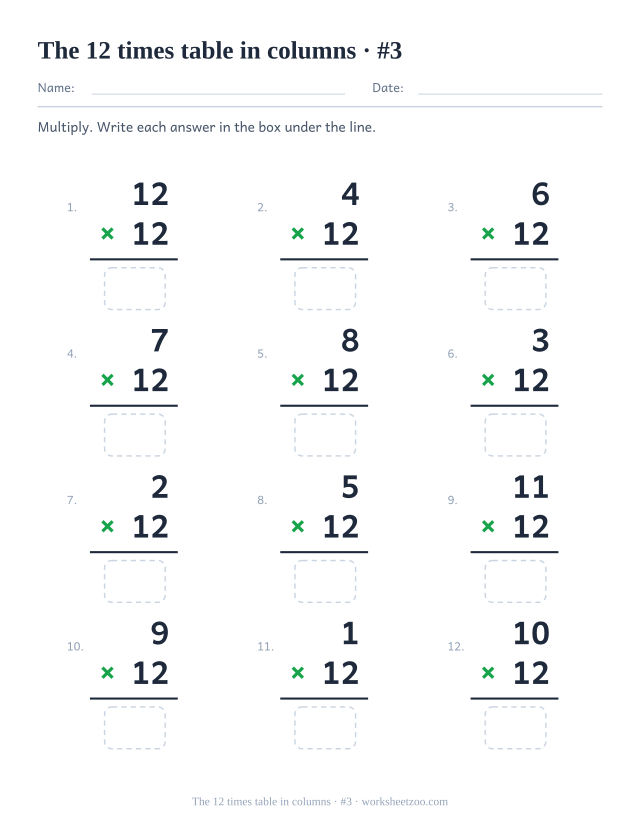 Twelve vertical multiplications with 12 as the lower factor, a rule under each and an empty answer box below (set 3).