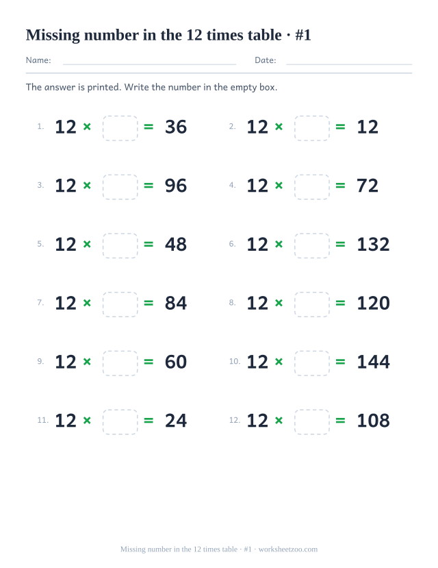 Twelve equations reading 12 x empty box = a printed product, in two columns of six (set 1).