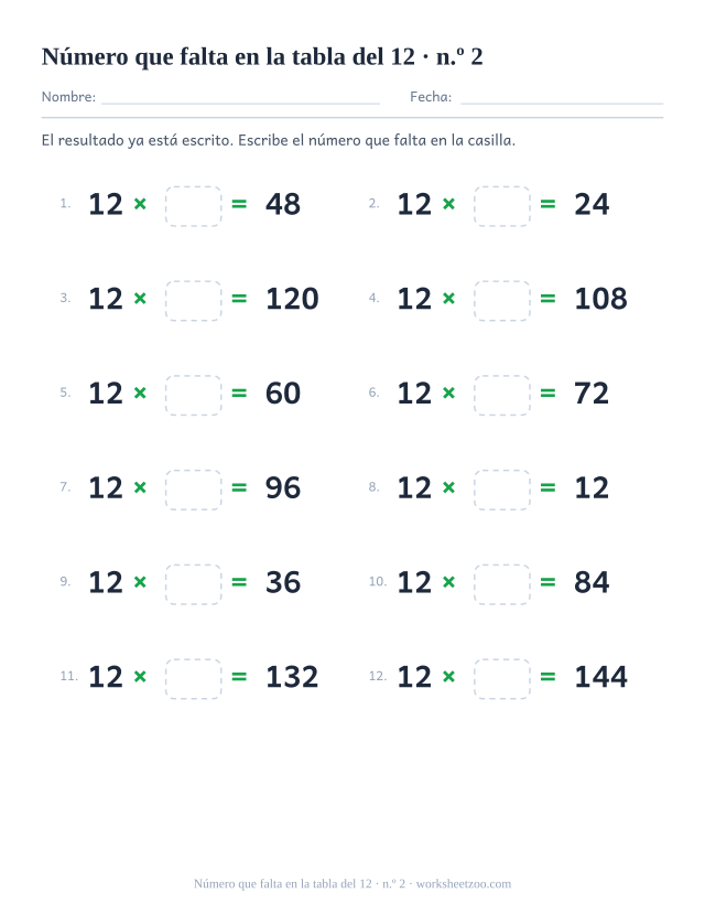 Doce operaciones con 12 x casilla vacía = resultado impreso, en dos columnas de seis (juego 2).