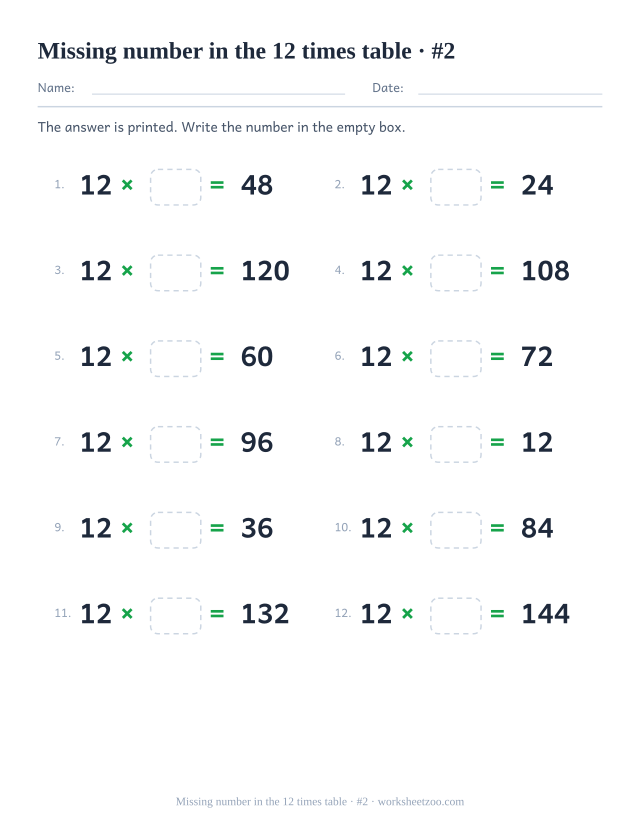 Twelve equations reading 12 x empty box = a printed product, in two columns of six (set 2).
