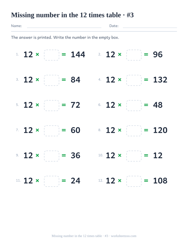 Twelve equations reading 12 x empty box = a printed product, in two columns of six (set 3).