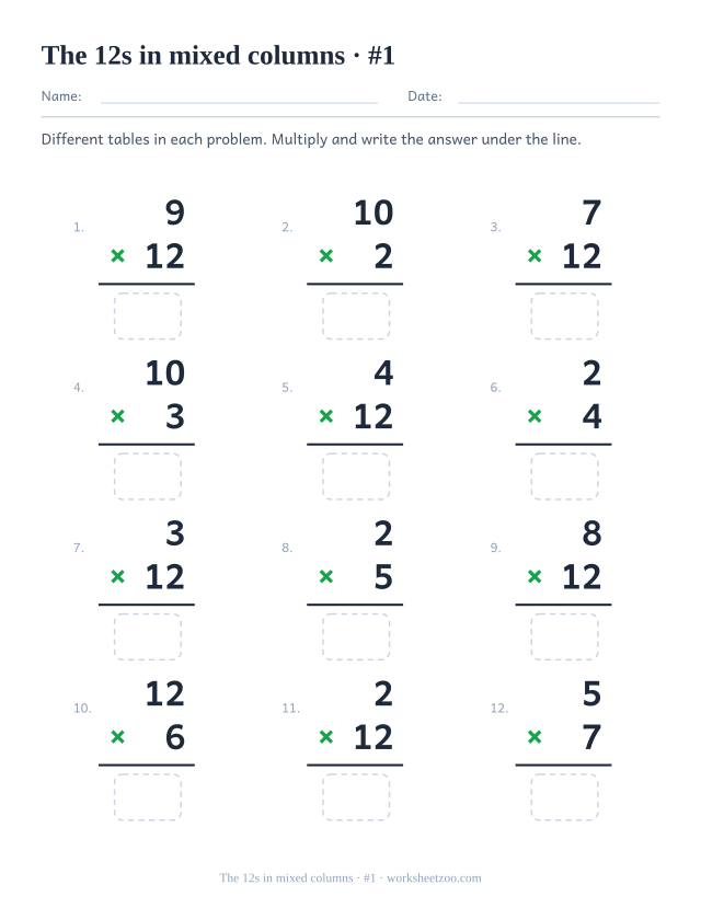 Twelve vertical multiplications from mixed tables, half featuring 12, each with a rule and an empty answer box (set 1).
