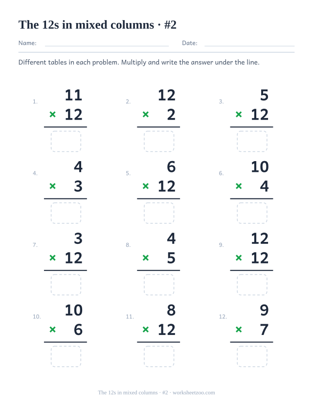 Twelve vertical multiplications from mixed tables, half featuring 12, each with a rule and an empty answer box (set 2).
