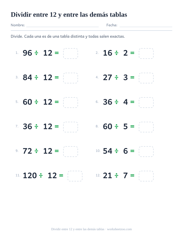 Doce divisiones de varias tablas, la mitad entre 12, cada una con una casilla vacía al final.