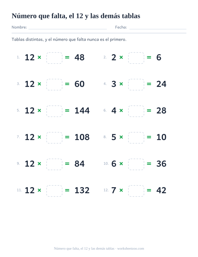 Doce operaciones de tablas mezcladas, la mitad del 12, con la forma número x casilla vacía = resultado impreso, en dos columnas de seis.