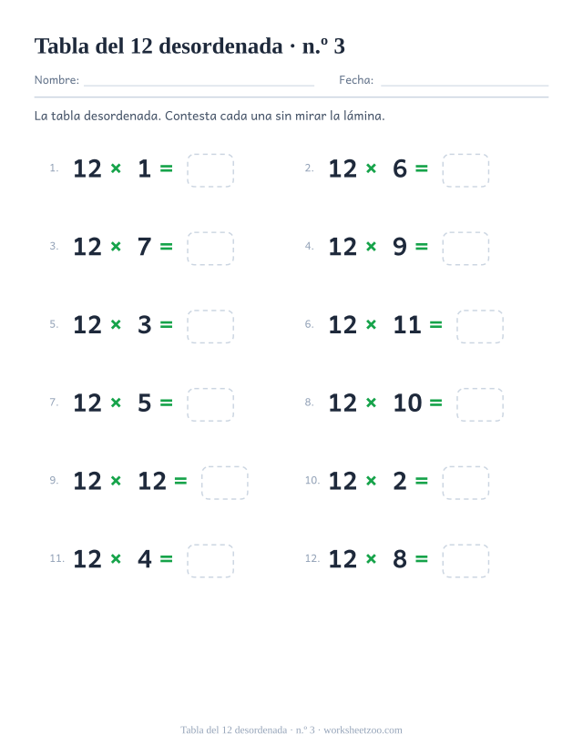 Doce multiplicaciones del 12 desordenadas en dos columnas de seis, numeradas y con casilla vacía (juego 3).