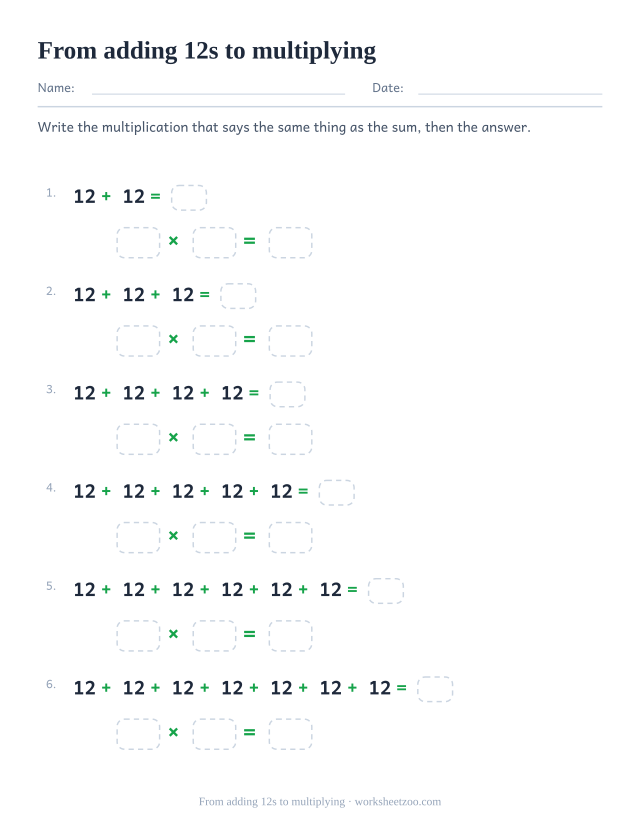 Six rows of repeated additions of 12 with an answer box, and under each an empty multiplication of three boxes.