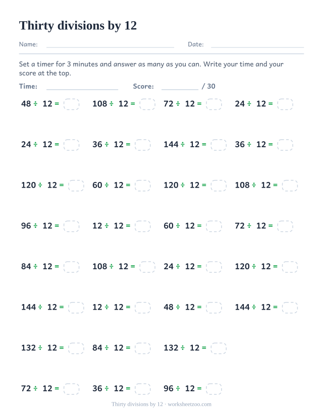 Thirty division equations dividing multiples of 12 by 12, in four columns, with a time and score header.