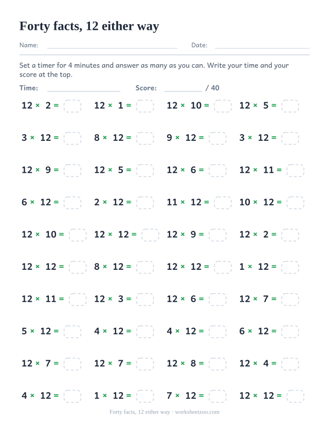 Forty timed equations with 12 as the first factor in some rows and the second in others, in four columns.