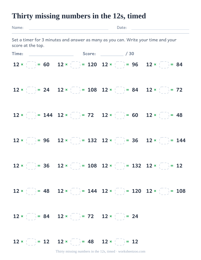 Thirty timed items shaped 12 times an empty box equals a printed product, laid out in four columns.