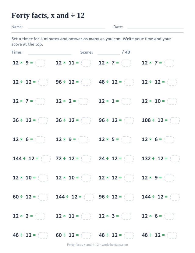 Forty timed items alternating 12 times facts and divisions by 12 down four columns.