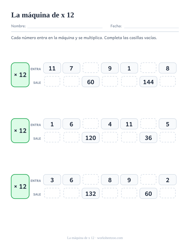 Tres tablas de dos filas con ENTRA y SALE junto a un recuadro verde con x 12, siete columnas cada una y varias casillas vacías.