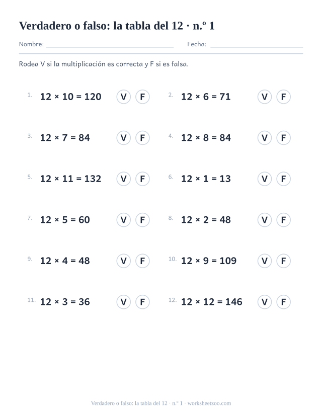 Doce multiplicaciones del 12 ya resueltas, cada una con un círculo V y un círculo F para rodear (juego 1).