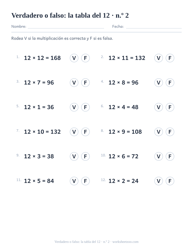 Doce multiplicaciones del 12 ya resueltas, cada una con un círculo V y un círculo F para rodear (juego 2).
