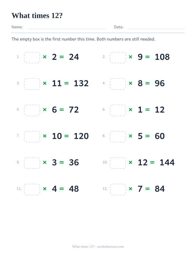 Twelve equations beginning with an empty box, then x 12 and a printed answer, in two columns.