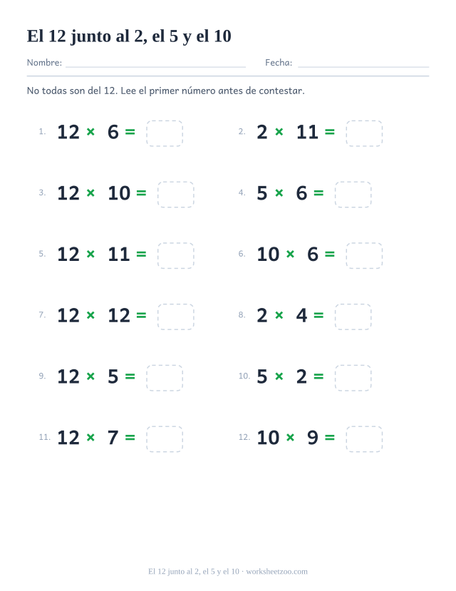 Doce operaciones que alternan la tabla del 12 con las del 2, el 5 y el 10, cada una con su casilla vacía.