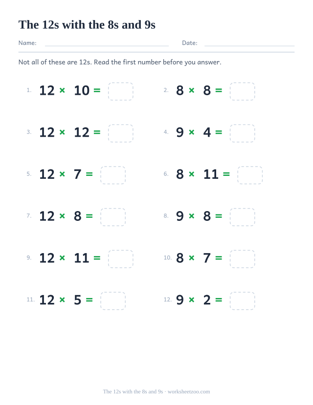 Twelve equations mixing the 12, 8 and 9 times tables, numbered, each ending in an empty box.