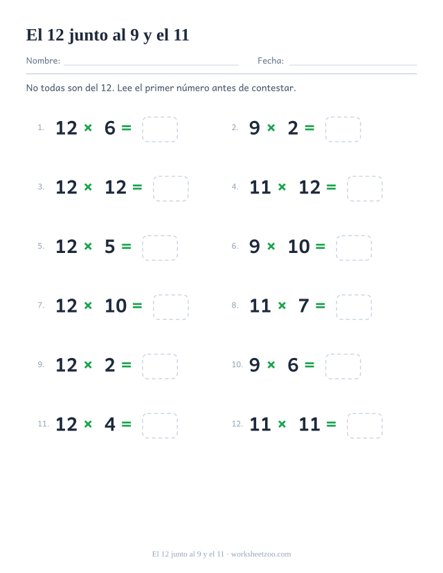 Doce operaciones que mezclan las tablas del 12, del 9 y del 11, varias con resultados de tres cifras, todas con casilla vacía.