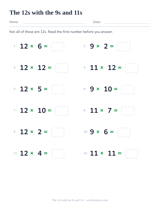 Twelve equations mixing the 12, 9 and 11 times tables, several with three-digit answers, each with an empty box.