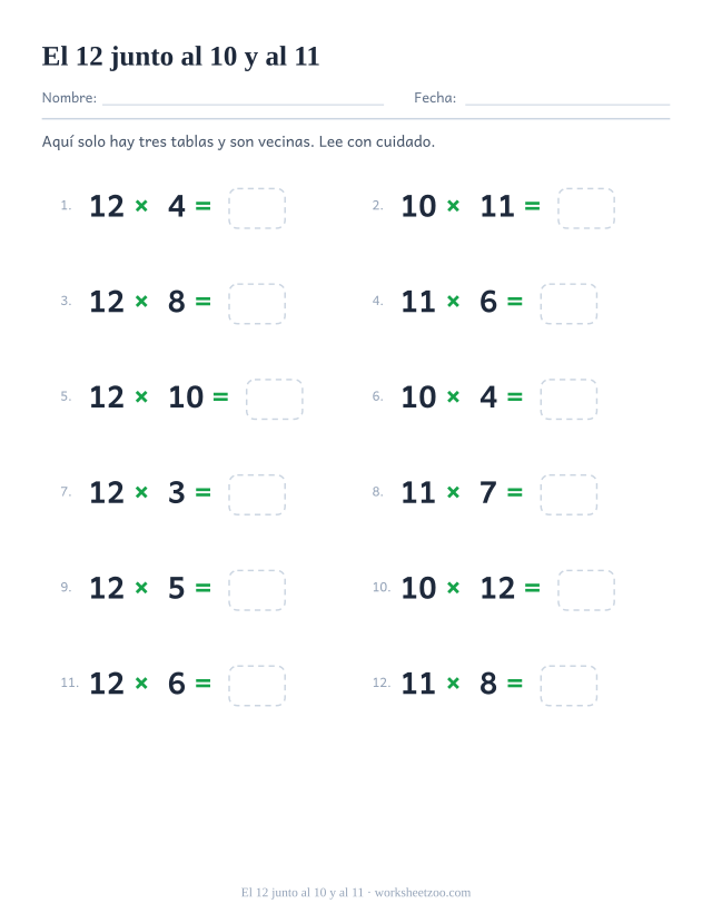 Doce operaciones que mezclan las tablas del 10, del 11 y del 12 en dos columnas, todas con casilla vacía.