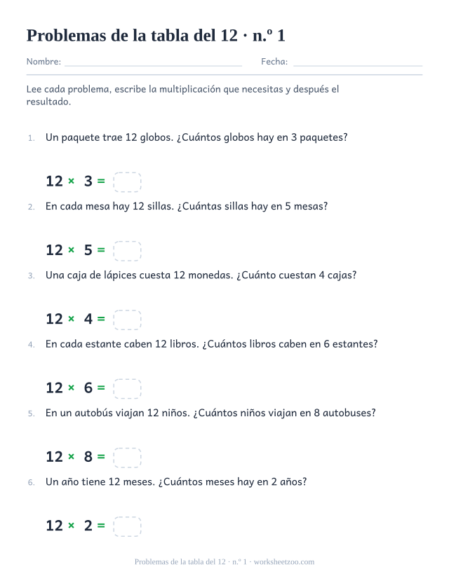 Seis problemas numerados sobre grupos iguales de 12, cada uno seguido de una multiplicación impresa con casilla vacía.