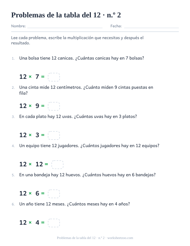 Seis problemas numerados con grupos grandes de 12, cada uno con una multiplicación y una casilla vacía debajo.