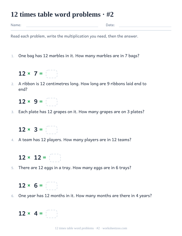 Six numbered word problems with larger groups of 12, each with a multiplication and an empty answer box underneath.