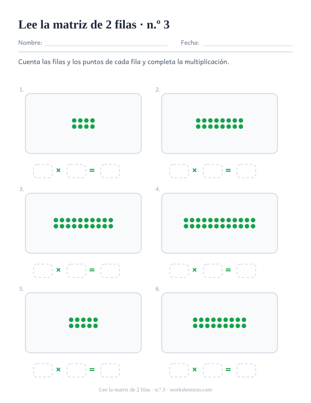 Seis rectángulos de puntos verdes de 2 filas cada uno, sobre tres casillas vacías que forman una multiplicación (juego 3).