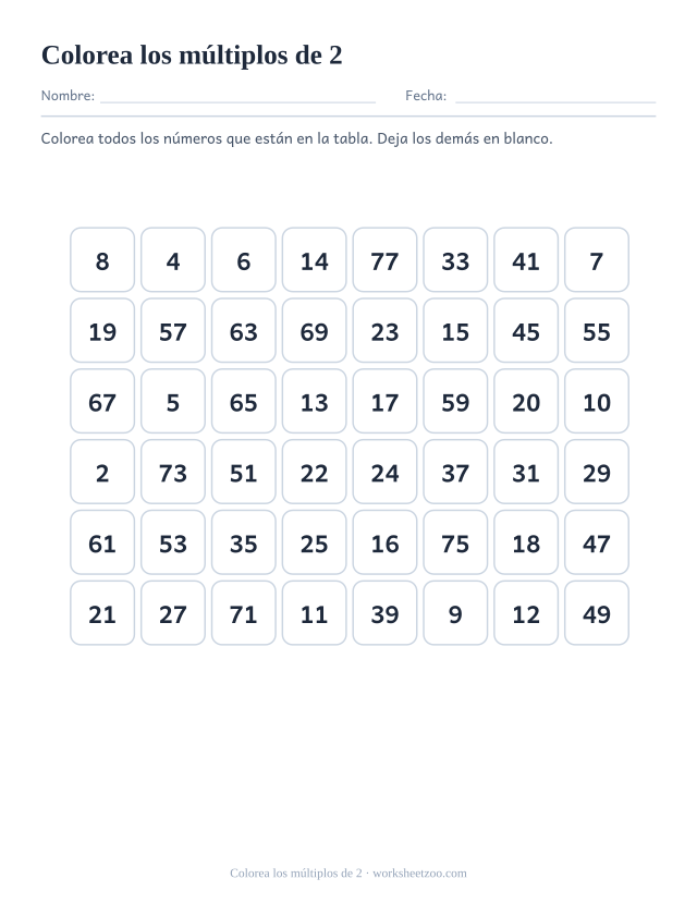 Cuadrícula de cuarenta y ocho números en ocho columnas, de los que doce son múltiplos de 2 y hay que colorear.