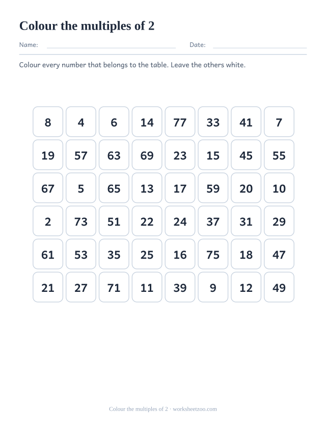 Grid of forty-eight numbers in eight columns, twelve of which are multiples of 2 to be coloured in.